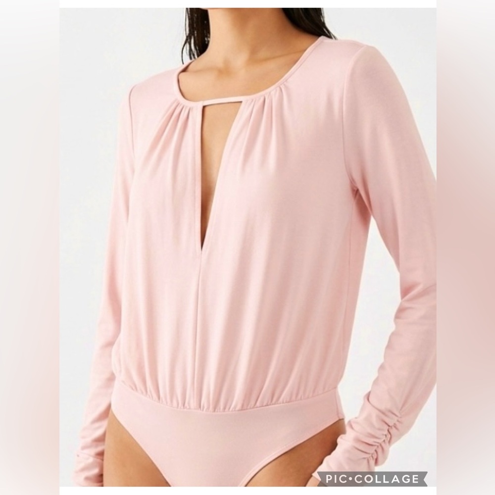 Free People Intimately Kaya Bodysuit Ruched Sleeve Keyhole Pink XS Stretch Knit